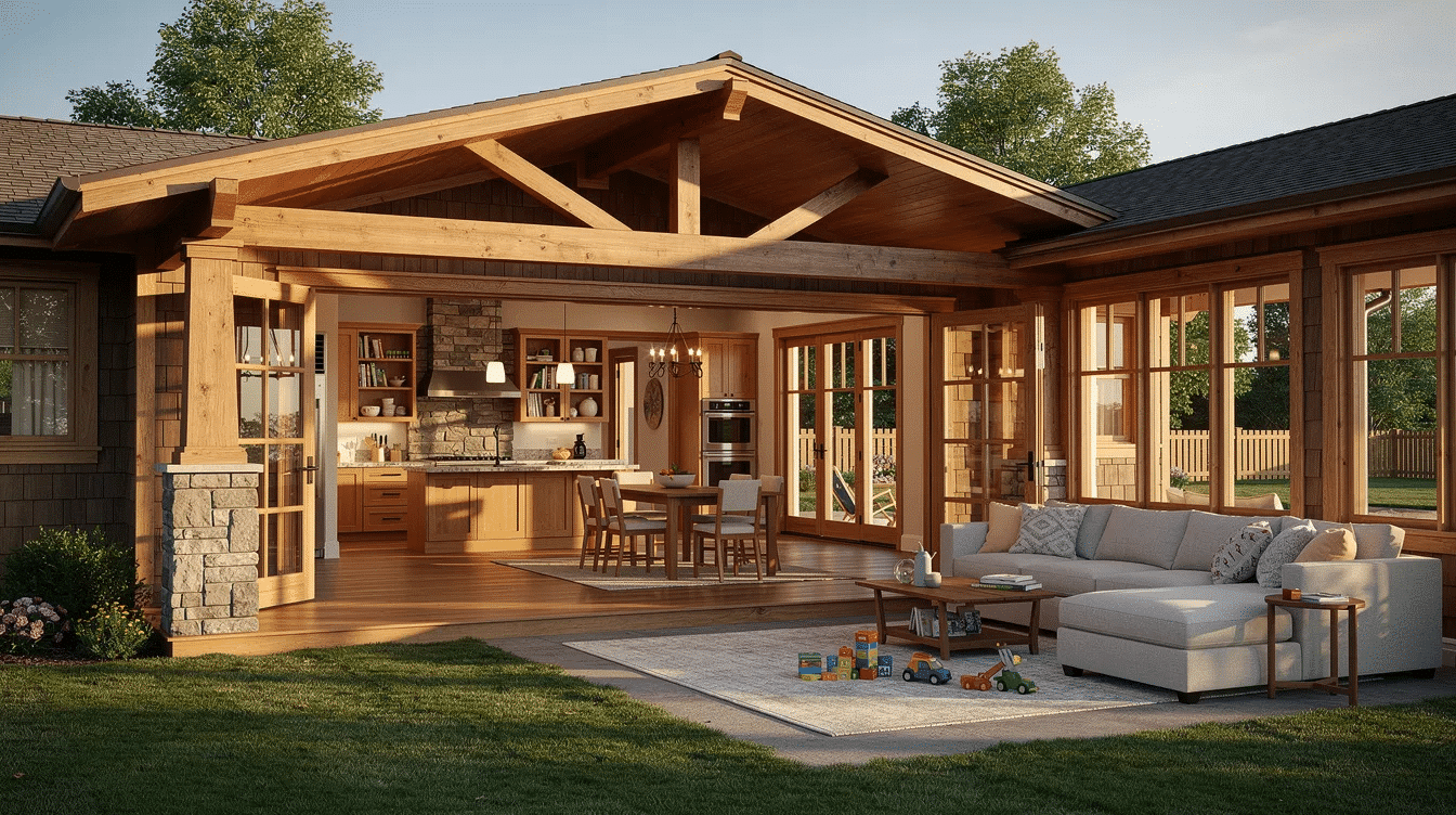 132dd6d1-6e01-4dff-a2c7-701f5cbd3ede - Ranch Style Homes USA The image showcases a spacious family-sized craftsman bungalow featuring a traditional two-story design, characterized by built-in cabinetry, exposed ceiling beams, and natural wood trim. This modular home offers an open layout with a great room that combines the kitchen, dining, and living areas, ideal for comfortable daily living for growing families.