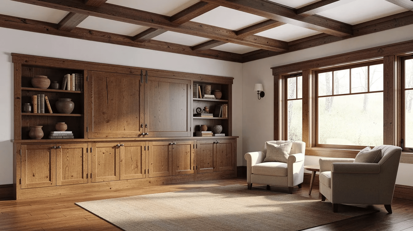 14320b5b-af06-4593-82de-8bae85d9ab3f - Ranch Style Homes USA The image depicts a beautifully designed interior showcasing exposed ceiling beams and built-in craftsman cabinetry, characteristic of craftsman style homes. This inviting space emphasizes quality craftsmanship and offers a glimpse into the modular construction aesthetic popular in the western United States.