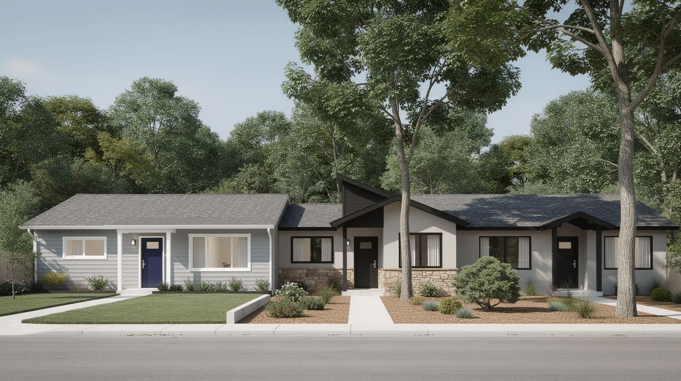 15878996-fdfd-4553-965c-e24e49f47967 - Ranch Style Homes USA The image features a modern ranch style house with light gray vinyl siding complemented by white trim and a navy front door, showcasing a classic yet updated exterior color scheme. This combination enhances the home's curb appeal while maintaining a timeless look suitable for mid-century architecture.