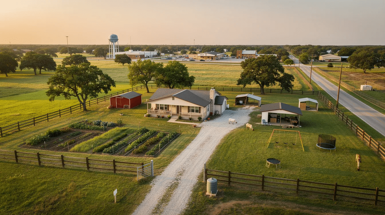 170b70ee-a681-479f-ad41-7131835b91da - Ranch Style Homes USA The image depicts a picturesque family homestead in Central Texas, showcasing a spacious property of several acres with a charming ranch-style home surrounded by lush greenery. The land features areas for gardening, small barns for animals, and safe outdoor spaces for children to play, highlighting the ideal blend of country living and convenient access to nearby amenities.