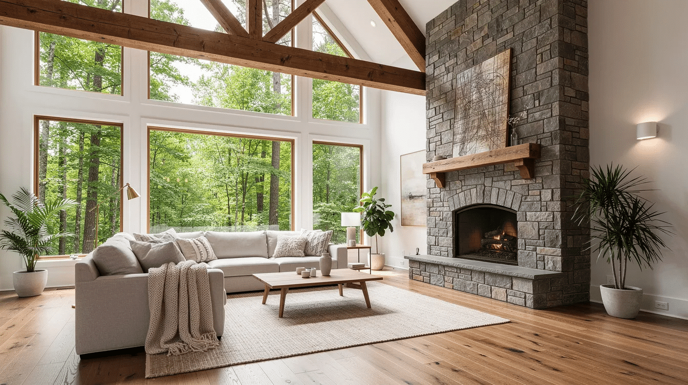 18830f4e-39e3-4694-9aaa-06a0783e7749 - Ranch Style Homes USA The image depicts a bright, open-concept living room featuring exposed wooden beams and large windows that frame stunning forest views. A stone fireplace adds warmth to the contemporary design, creating an inviting space that seamlessly connects with the natural elements of its west coast surroundings.