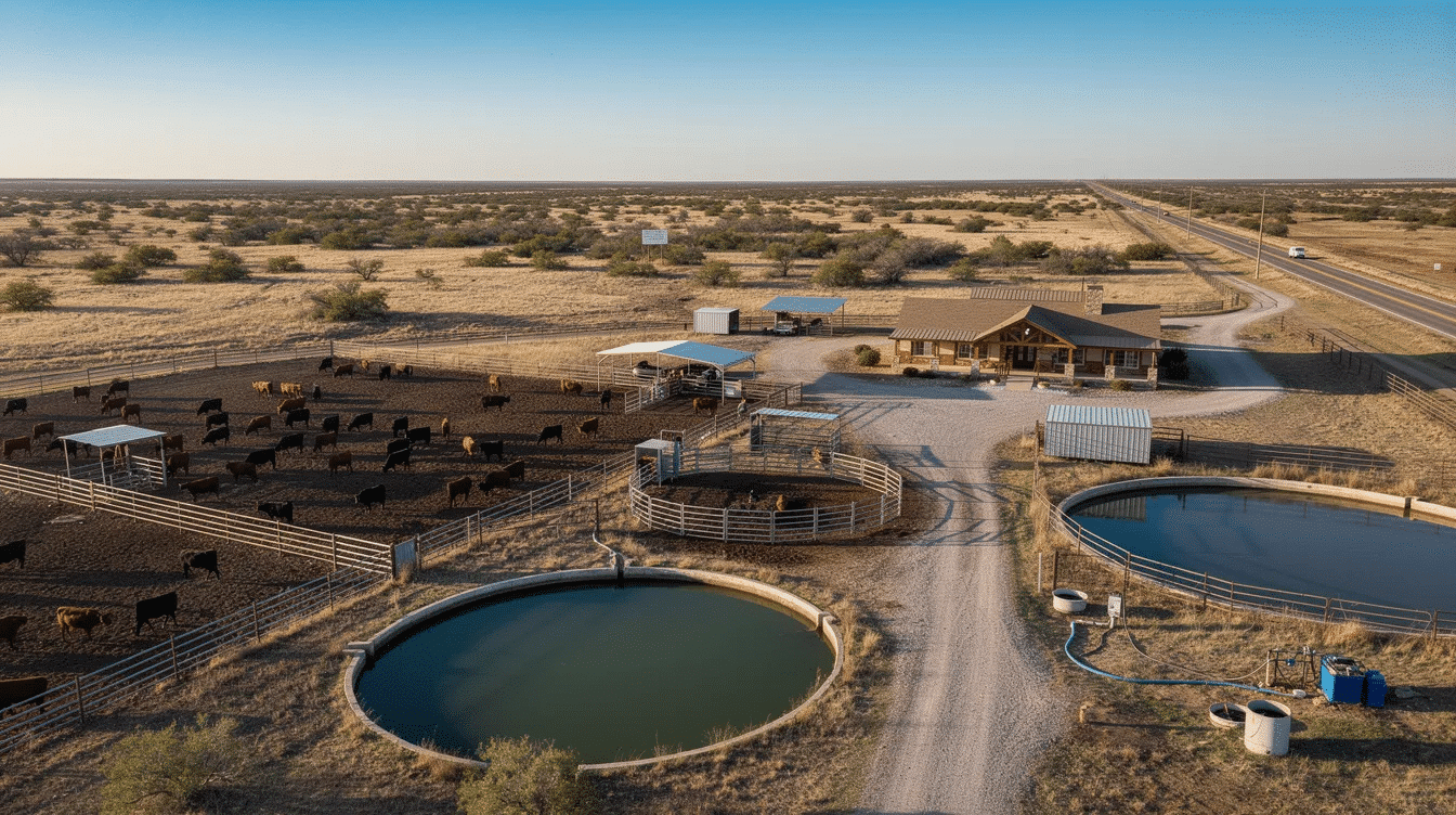 189c9f5b-f206-411e-a5bb-c964e7ac812f - Ranch Style Homes USA The image depicts a vast expanse of ranch land in Texas, suitable for large-scale cattle operations, with rolling pastures and grazing areas spanning over 1,000 acres. The landscape features existing improvements like functional fencing and water infrastructure, essential for livestock grazing and agricultural lease opportunities.