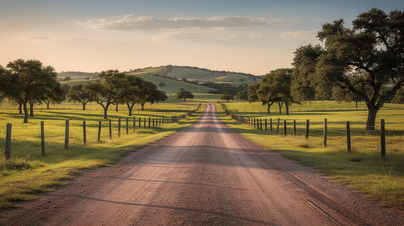 18b3355f-a792-48f1-b4cd-07e83bf384e2 - Ranch Style Homes USA A wide Texas ranch road stretches through lush green pastures, leading toward distant hills under a bright sun. This serene landscape captures the essence of ranch life near San Antonio, showcasing the beauty of Texas properties and the potential for ranches and farms for sale.