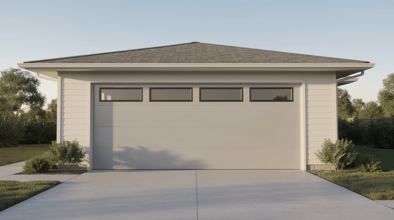 1bf7fd91-18ac-47f4-b729-b8464c1a45ac - Ranch Style Homes USA The image features a modern flush-panel garage door with a row of horizontal windows, set against the backdrop of a stylish ranch style home. The contemporary design enhances the home's curb appeal, showcasing a welcoming entrance that invites natural light and visual interest.