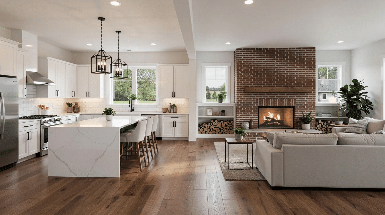 1d358887-3ae2-48ad-a64b-dd6030096730 - Ranch Style Homes USA The image depicts the interior of a renovated 1940s ranch house, showcasing an open kitchen that seamlessly connects to a cozy living room featuring a charming brick fireplace. Bright natural light floods the space through new windows, enhancing the modern yet vintage style of this inviting home.