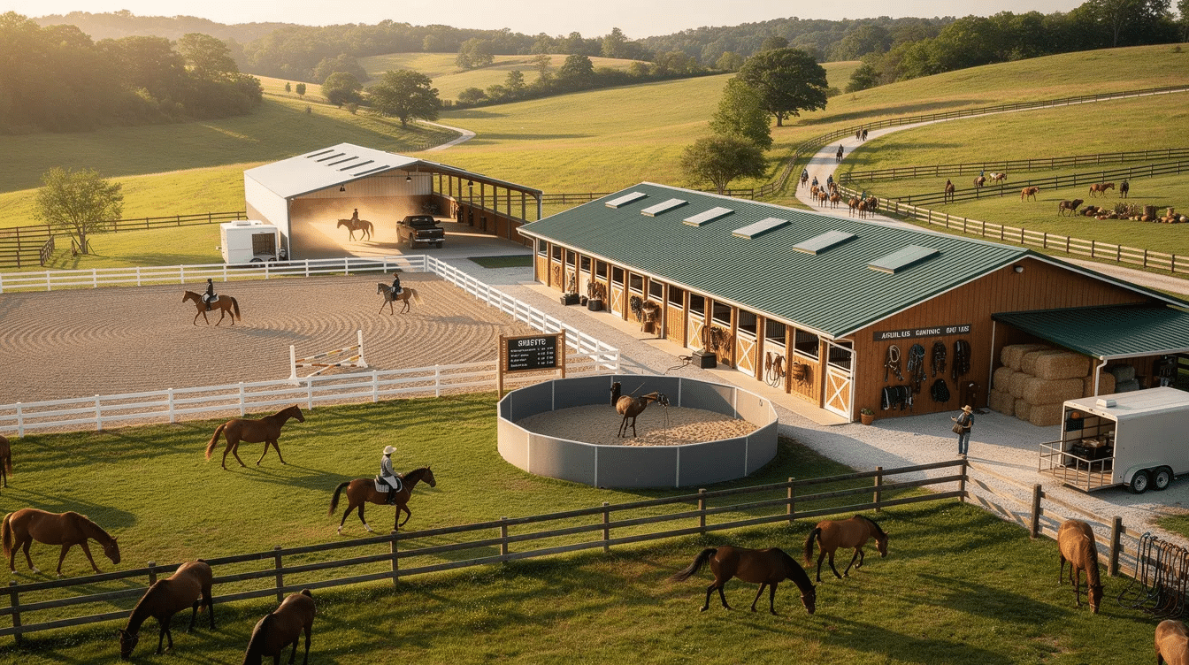 1f7f910d-04cd-438b-b41f-fc299f165d7b - Ranch Style Homes USA The image depicts a vibrant horse ranch featuring both indoor and outdoor riding arenas, surrounded by lush pastures where horses graze freely. In the background, you can see stables with individual stalls and well-maintained trails, highlighting the ranch's focus on recreational horseback riding and training programs.