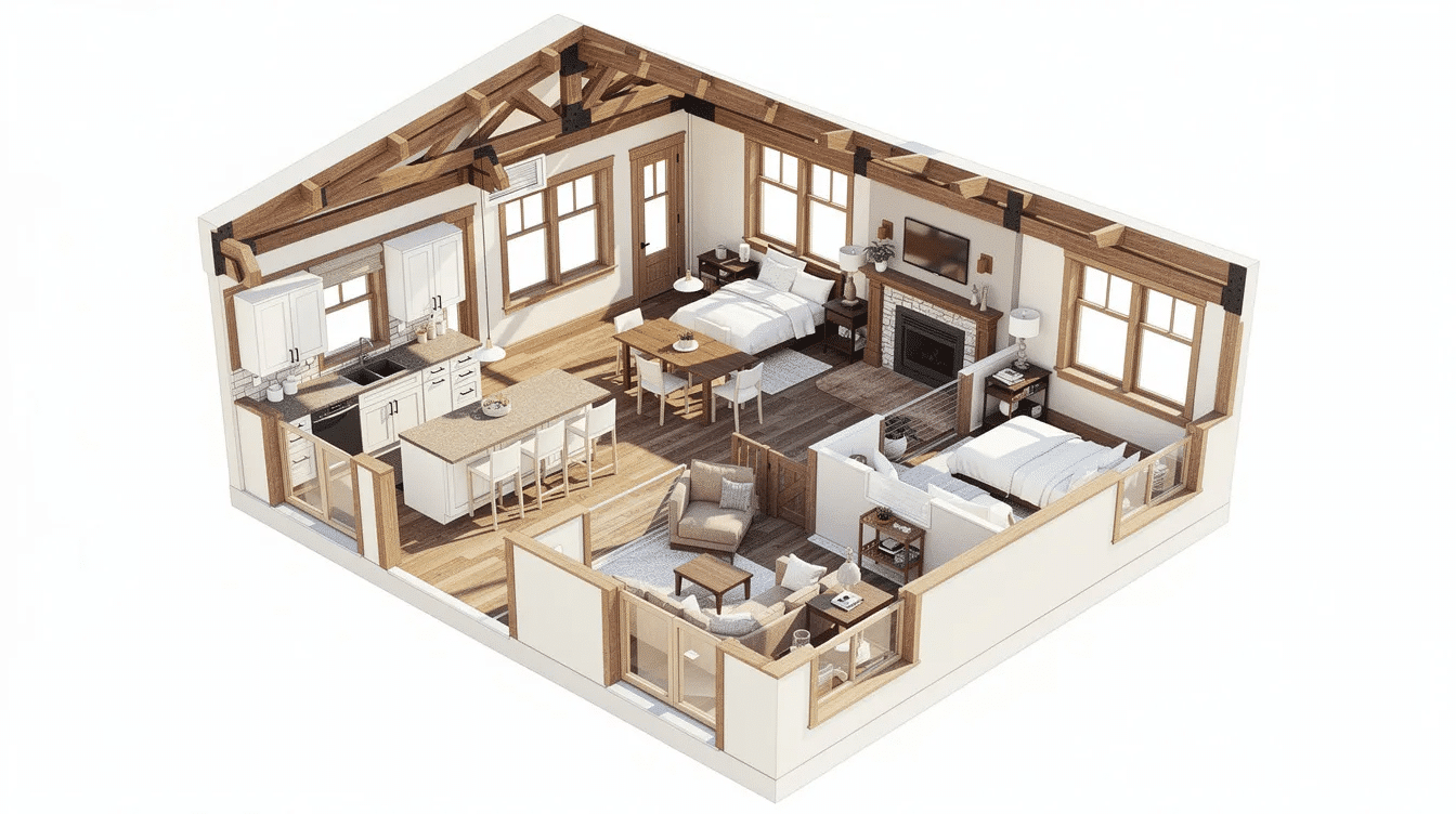 1fa08c90-d5a9-49ce-9928-b98f2a0ee8b0 - Ranch Style Homes USA This image showcases a traditional craftsman style house plan featuring a spacious layout with three bedrooms, including a master suite, all centered around an open floor plan that connects the kitchen, dining, and living areas, promoting family interaction. The design incorporates elements such as exposed beams and natural materials, creating a warm and inviting atmosphere typical of craftsman homes.
