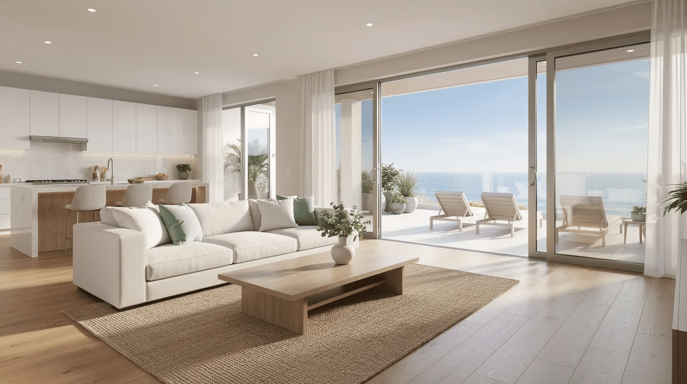 241aa9fb-0ec9-4ea5-809b-f82bc01ffa1c - Ranch Style Homes USA The image showcases a bright open-concept living room in a coastal ranch house, featuring large sliding doors that lead to an inviting patio. Natural light floods the space through large windows, creating a warm and welcoming atmosphere that connects the indoors with the outdoor surroundings.