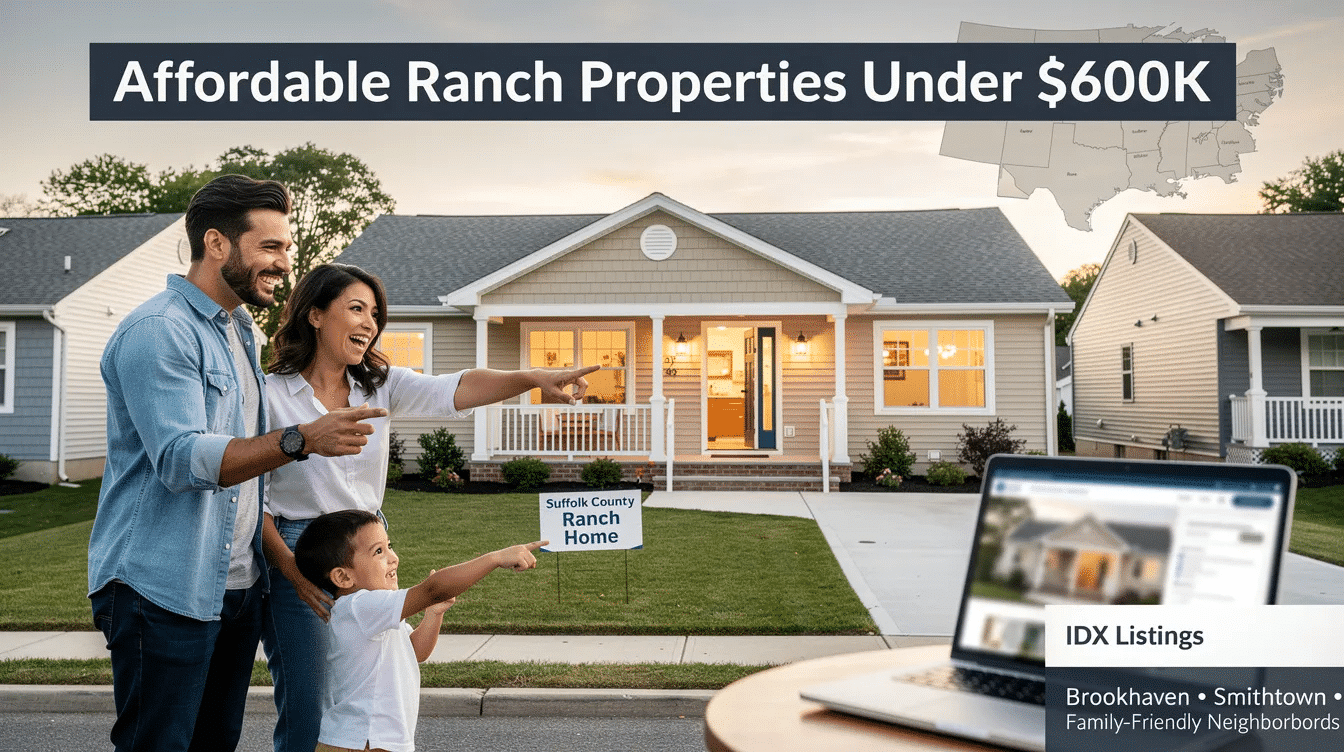 26e1e8e0-fad8-4a48-b503-a2554e8039a1 - Ranch Style Homes USA The image showcases a selection of affordable ranch homes for sale in Suffolk County, NY, highlighting family-friendly neighborhoods and updated 2-3 bedroom layouts. These properties, ideal for young families and first-time buyers, feature modern kitchens and bathrooms, with access to good school districts.