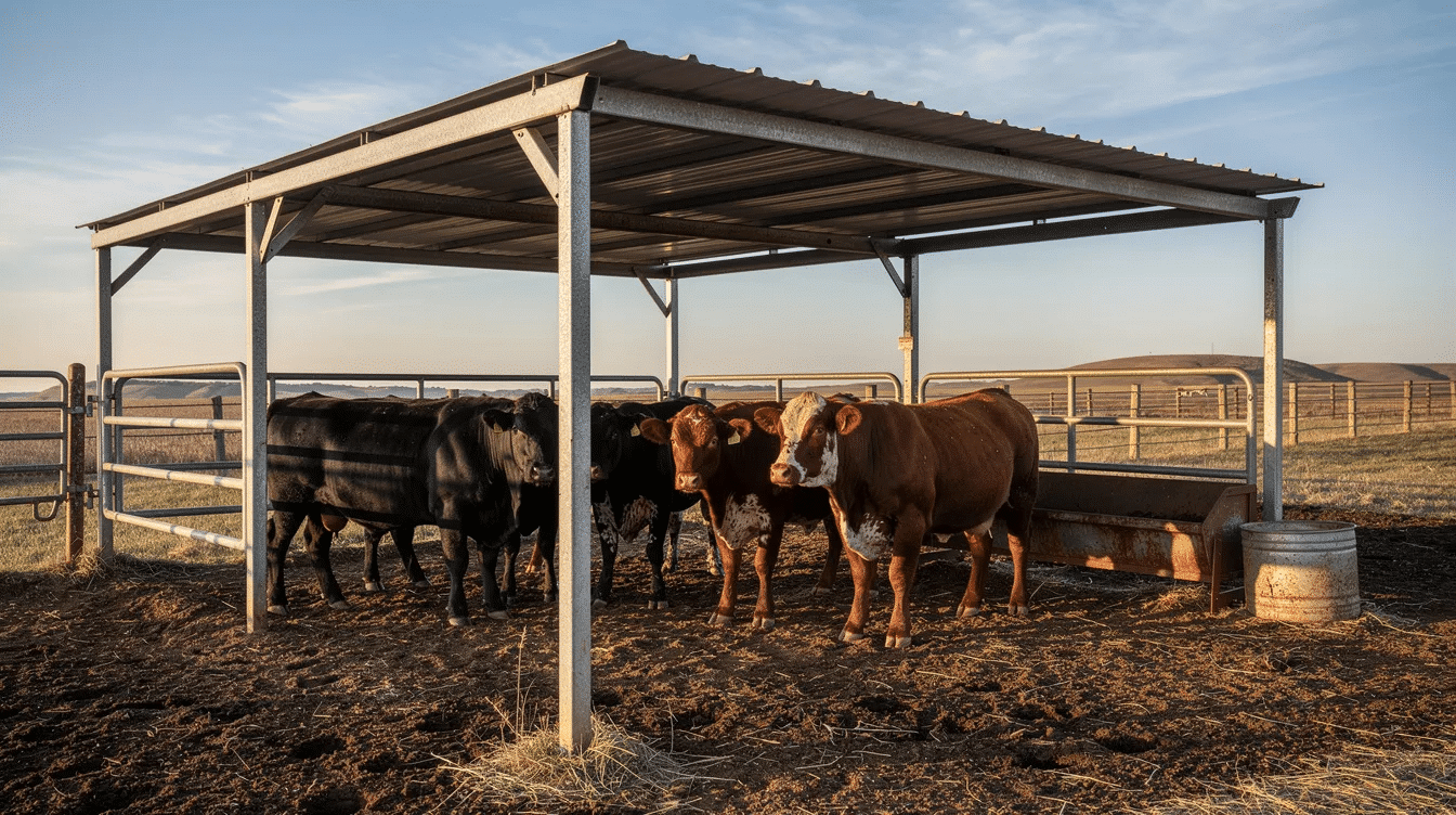 2708e627-d869-4093-aed9-4a9e03ec3249 - Ranch Style Homes USA A group of cattle stands under an open-sided metal loafing shed on a ranch, providing them with shade and protection from the weather. The structure, constructed with steel, serves as a great space for livestock to rest and stay cool during the summer months.