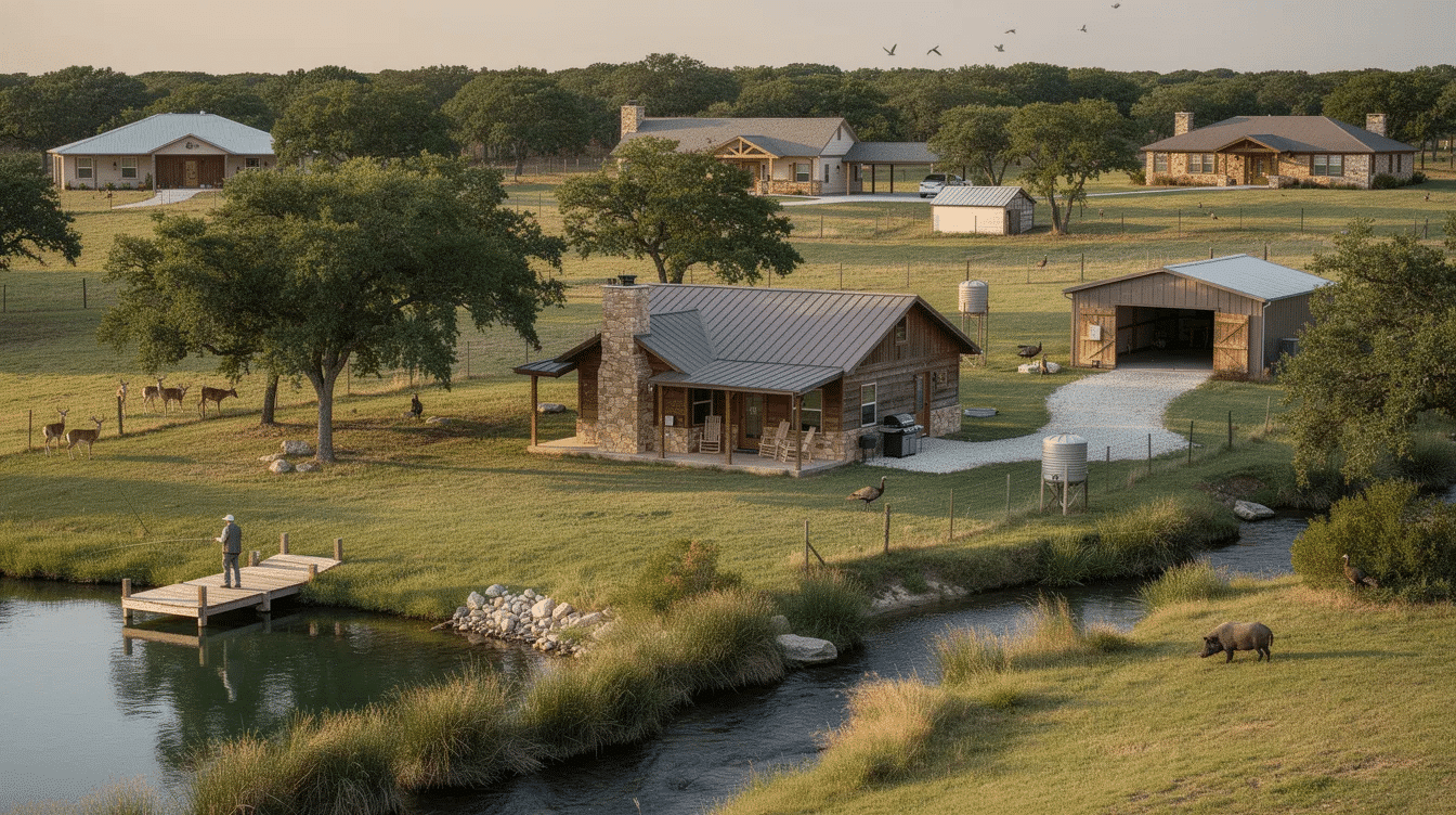 28eb0938-e465-4bc7-a622-ed710128c462 - Ranch Style Homes USA The image depicts a picturesque recreational ranch in Texas, showcasing a blend of natural features such as wooded areas and a serene pond, ideal for outdoor activities like hunting and fishing. Rustic cabin-style homes are nestled within the landscape, appealing to buyers interested in weekend getaways near San Antonio, where they can enjoy the beauty of the Hill Country.