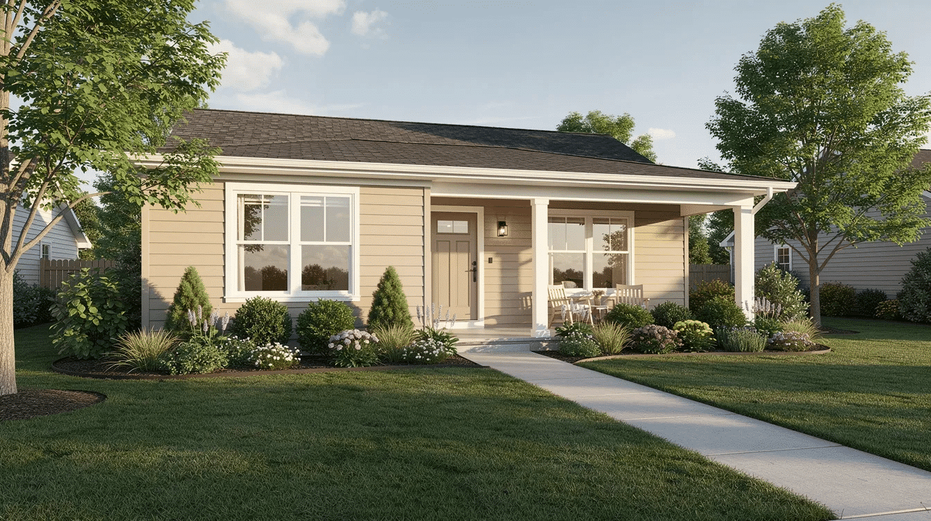 294811c7-7ccb-44c7-abb6-0825704e91d4 - Ranch Style Homes USA The image showcases a ranch style home featuring warm neutral light gray siding with white trim, surrounded by lush green landscaping that enhances the home's curb appeal. The exterior color scheme creates a classic look, while the natural light highlights the architectural details and earthy tones of the setting.