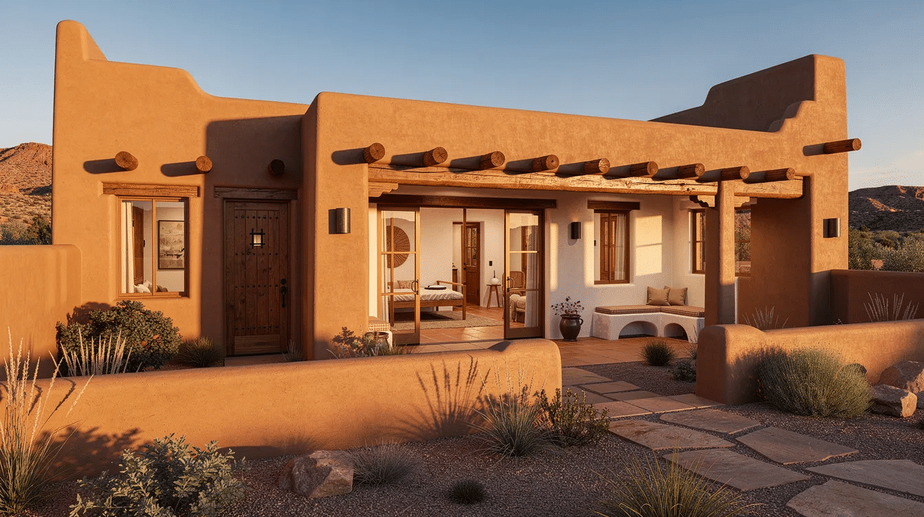 2bdb35a7-28de-4c61-9d98-60d96cbb39cd - Ranch Style Homes USA The image showcases a Pueblo Revival style house, characterized by its thick adobe exterior walls, flat roofs, and rounded edges, typical of Santa Fe house plans. Inside, the home features exposed wooden beams and a spacious layout, reflecting the charm and functionality of Southwestern architecture.