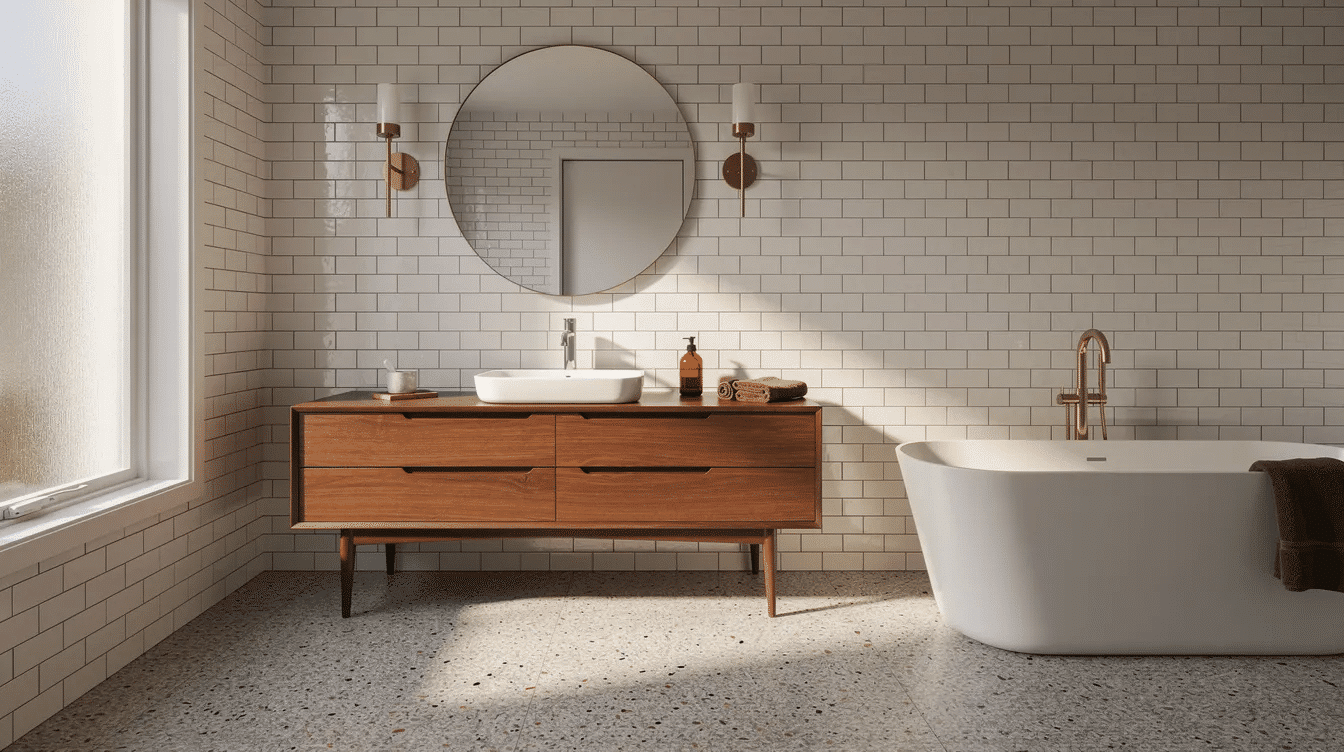 2cbf2022-f4fe-4f2c-9a66-713535ee3850 - Ranch Style Homes USA The image features a mid century modern bathroom showcasing a sleek, floating vanity crafted from natural wood tones, complete with an undermount sink and soft close drawers. The clean lines and tapered legs create a compact yet stylish space, ideal for everyday use while providing ample storage with two adjustable shelves beneath.