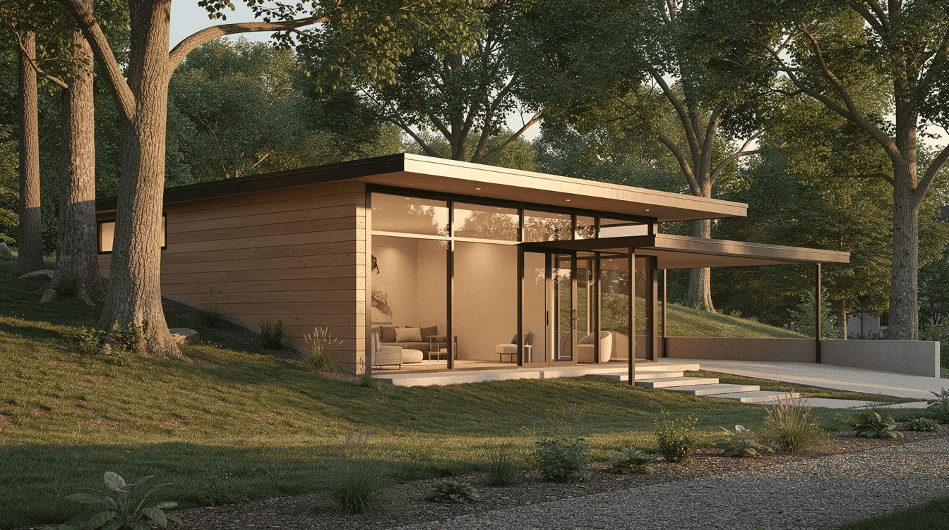 2d84ba29-7115-4170-bebf-cb6e9cfae9c6 - Ranch Style Homes USA The image depicts a mid-century modern home characterized by a flat roof, expansive glass windows, and natural wood siding, harmoniously situated among mature trees. This architectural design emphasizes clean lines and blends indoor and outdoor spaces, showcasing the essence of mid-century modern style.