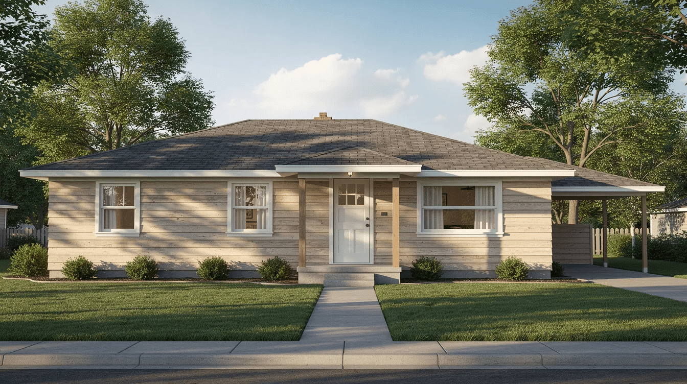 2e867799-878f-406c-a763-06a3bfe5eda8 - Ranch Style Homes USA The image showcases the exterior of a classic 1940s ranch house, featuring a low-pitched roof and horizontal wood siding, surrounded by a wide, well-kept front lawn. The inviting front door hints at the cozy interior spaces, making it a charming property for new owners.