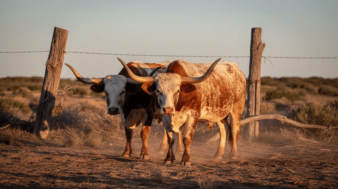 322a06a1-8d41-4a5c-a163-3d14f1823934 - Ranch Style Homes USA A group of Longhorn cattle with impressive big horns stands on dusty terrain, framed by old wooden fence posts in the background, showcasing the essence of cattle ranching life in Texas. This scene reflects the rich agricultural history and wildlife of American ranches, evoking a sense of adventure and connection to the land.