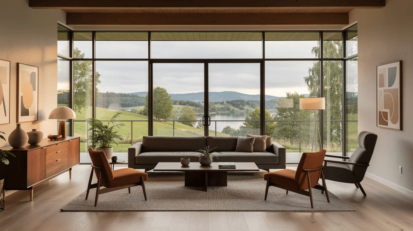 324458a7-031e-4981-92e5-b1675875053b - Ranch Style Homes USA The image depicts a mid-century modern living room characterized by large floor-to-ceiling windows that invite abundant natural light and showcase a scenic natural landscape. The interior design features clean lines and open spaces typical of mid-century modern architecture, creating a harmonious blend of indoor and outdoor elements.