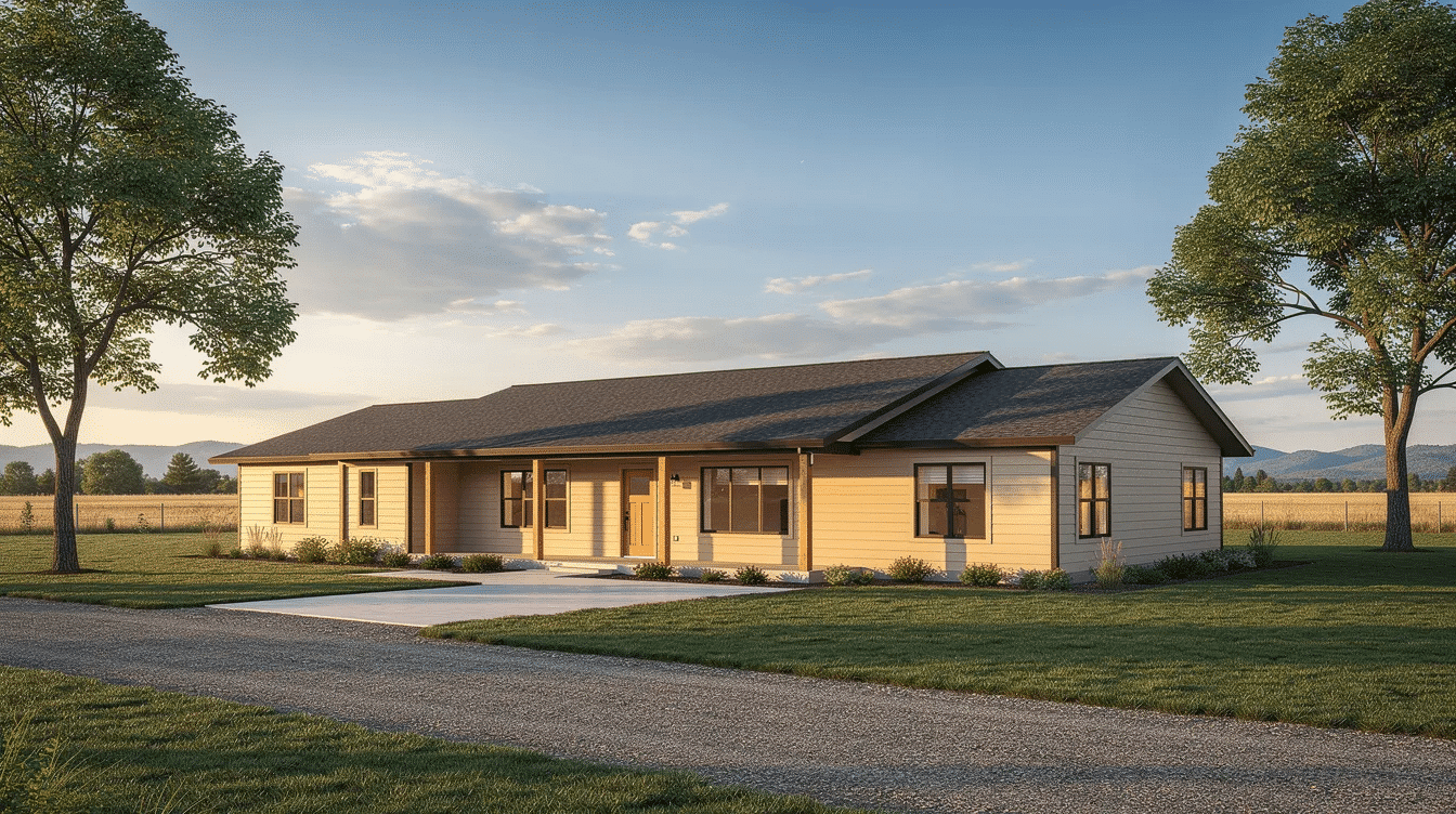 324bd742-c374-4f10-a327-ef9f3d99cca6 - Ranch Style Homes USA This image features a modern ranch style house characterized by its low-slung design and wide open spaces, showcasing large windows that allow for ample natural light. The single story layout includes a finished basement and an attached garage, surrounded by thoughtfully landscaped outdoor spaces.