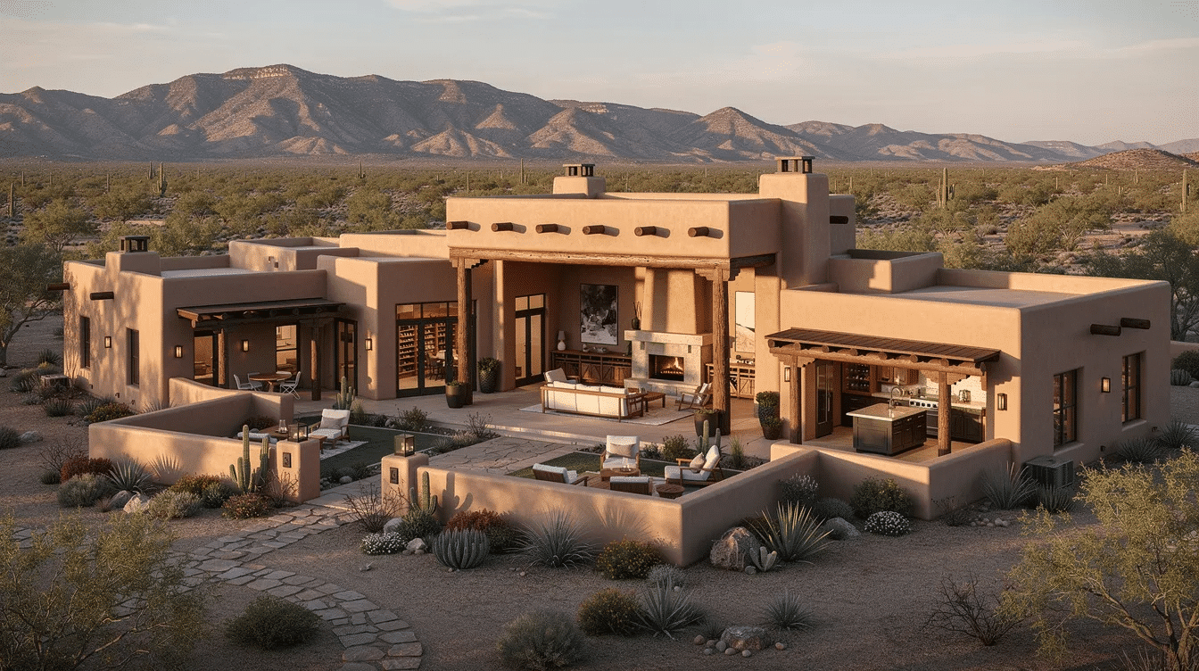 359d838e-c323-48c5-970d-cbbd73d8a62f - Ranch Style Homes USA The image showcases luxury Santa Fe style house plans featuring a sprawling estate layout with over 5,000 sq ft of living space, including multiple buildings and courtyards. Highlighted are dramatic great rooms with soaring round log ceiling beams, expansive windows for stunning views, and guest casitas designed for privacy, embodying the perfect blend of style and functionality in southwestern architecture.