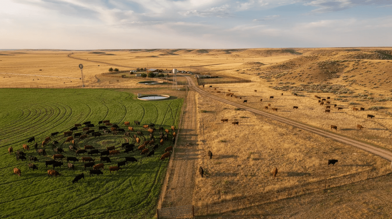 373a6fa6-e841-4083-a635-9c6b05b3094b - Ranch Style Homes USA The image depicts a vast cattle ranch in the American West, showcasing expansive open plains where large herds of cattle graze freely. In the background, you can see barns and the silhouettes of cowboys on horseback, emphasizing the deep connection between ranchers and the land they manage for raising livestock.