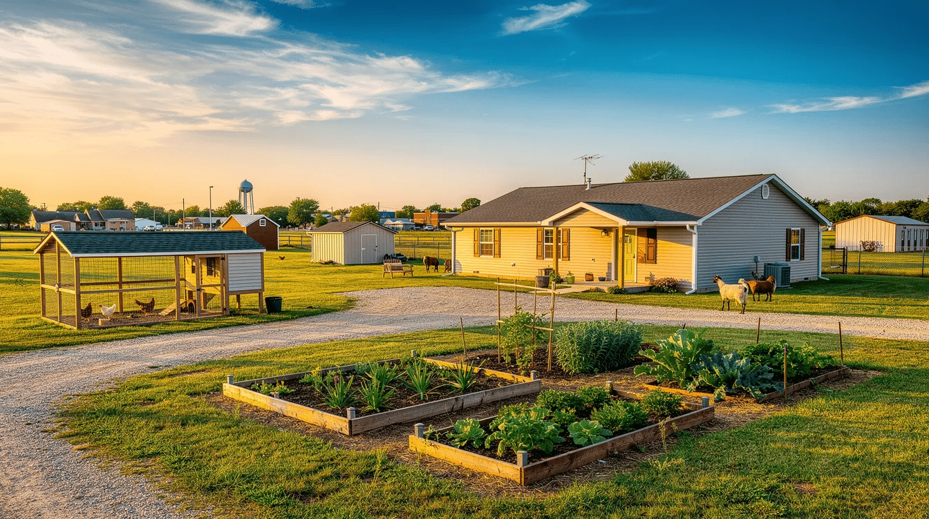 373f498d-e3b7-49b9-859b-e7fd9a01f95e - Ranch Style Homes USA The image depicts a small family homestead featuring a single-story ranch house surrounded by a well-maintained garden and a chicken coop, set on a manageable plot of land under 20 acres. This inviting rural property, ideal for prospective buyers interested in homesteading, combines practical living with close proximity to town for essential services.