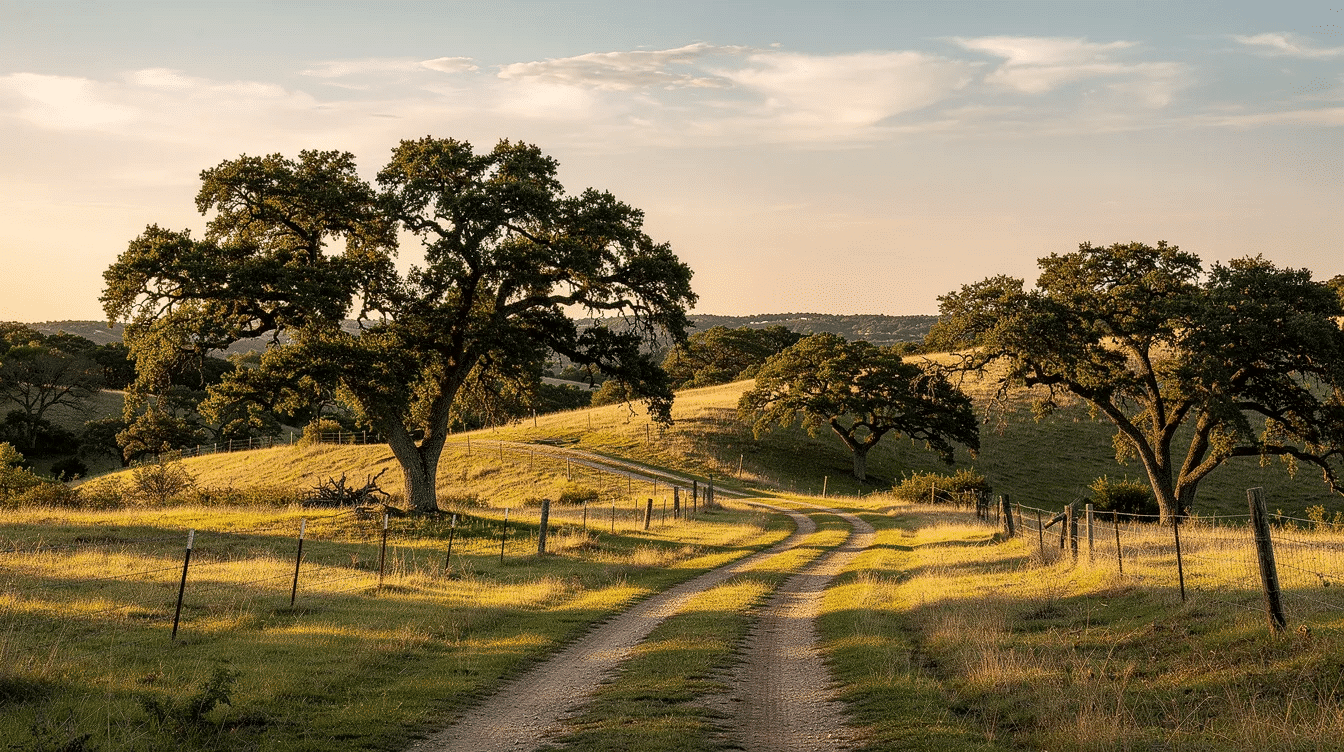 38c3687e-894f-47d1-92cd-6ab964628d70 - Ranch Style Homes USA The image depicts a picturesque rolling landscape of the Texas Hill Country, featuring sprawling open pastures dotted with majestic oak trees, ideal for those interested in ranches for sale near San Antonio. This serene setting embodies the essence of Texas land, perfect for families looking to invest in farms and ranches within the state's beautiful countryside.
