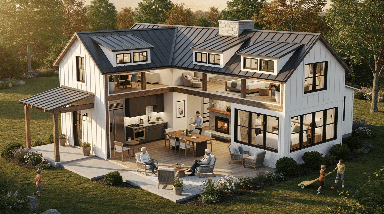 3a8cc631-6330-47c7-9f3d-ce6934a6b610 - Ranch Style Homes USA The image showcases a modern farmhouse designed for multi-generational living, featuring flexible layouts that include in-law suites with separate entrances and kitchenettes. The spacious interiors boast large windows for natural light, dual primary bedrooms on different floors for privacy, and inviting common areas that encourage family gatherings, all while blending rustic charm with modern amenities.