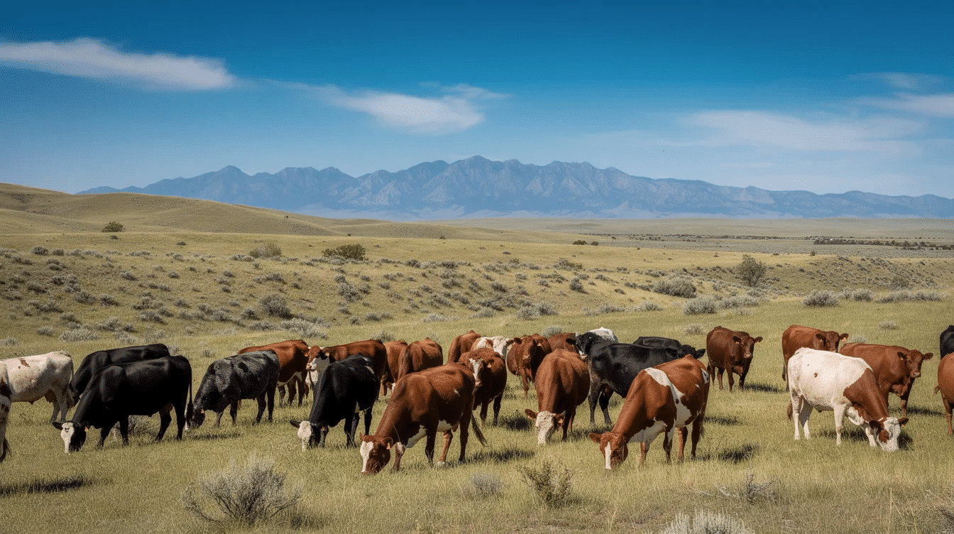 3d038aa1-b851-49dd-9e70-4ad2cce2c7d0 - Ranch Style Homes USA A wide landscape showcases cattle grazing peacefully on open rangeland, with the distant mountains forming a stunning backdrop under a clear blue sky. This scene embodies the essence of cattle ranching in regions like Texas and Colorado, where ranchers manage their livestock across expansive pastures.