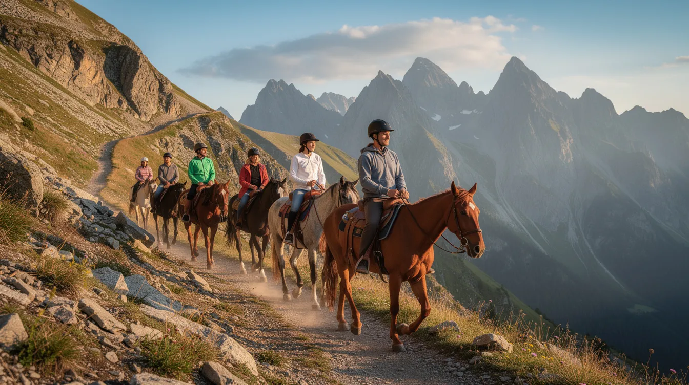 3db1e33e-a188-49bf-8a61-57b8f0396fb6 - Ranch Style Homes USA A group of visitors is horseback riding along a scenic mountain trail, surrounded by dense forests and open plains typical of the American West. This recreational activity highlights the deep connection between people and the land, often found in dude ranches and working ranches that promote outdoor adventures and sustainable practices.