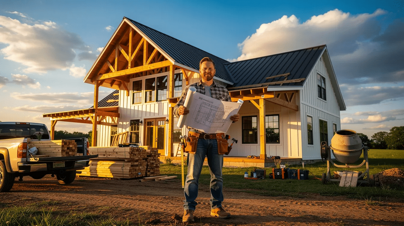 3de853c1-12a5-470c-8923-14de172c8b07 - Ranch Style Homes USA The image depicts a modern farmhouse under construction, showcasing large windows that invite natural light into the space. The design reflects a blend of traditional and contemporary styles, with a welcoming porch that adds charm to the dream home being built by dedicated farmhouse builders.