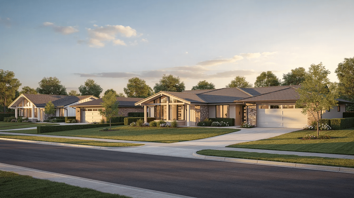 3ecf73da-64ae-445b-83e3-718e9c9584ce - Ranch Style Homes USA The image features a row of large ranch style homes, showcasing their one-story design and spacious exteriors, which are often constructed with low maintenance materials like vinyl siding and brick. These properties are set in a welcoming neighborhood, surrounded by trees, and are ideal for prospective property consumers seeking affordable living options.