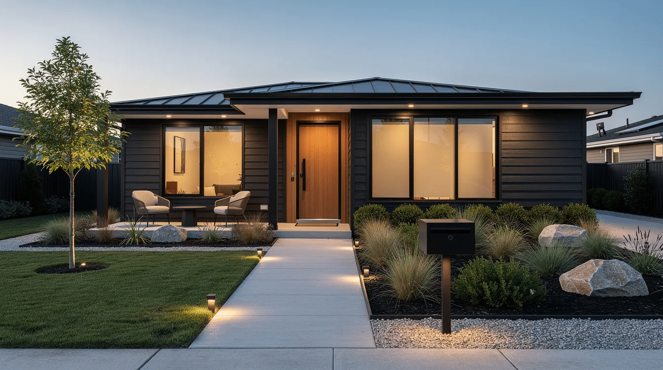 3f8efb9f-c63a-42cd-b7cf-1e371796c5e5 - Ranch Style Homes USA The image depicts a modernized ranch style house featuring dark charcoal vinyl siding, complemented by contemporary landscaping that enhances the home's curb appeal. The architectural style incorporates natural materials and contrasts beautifully with lighter shades, creating a striking exterior.