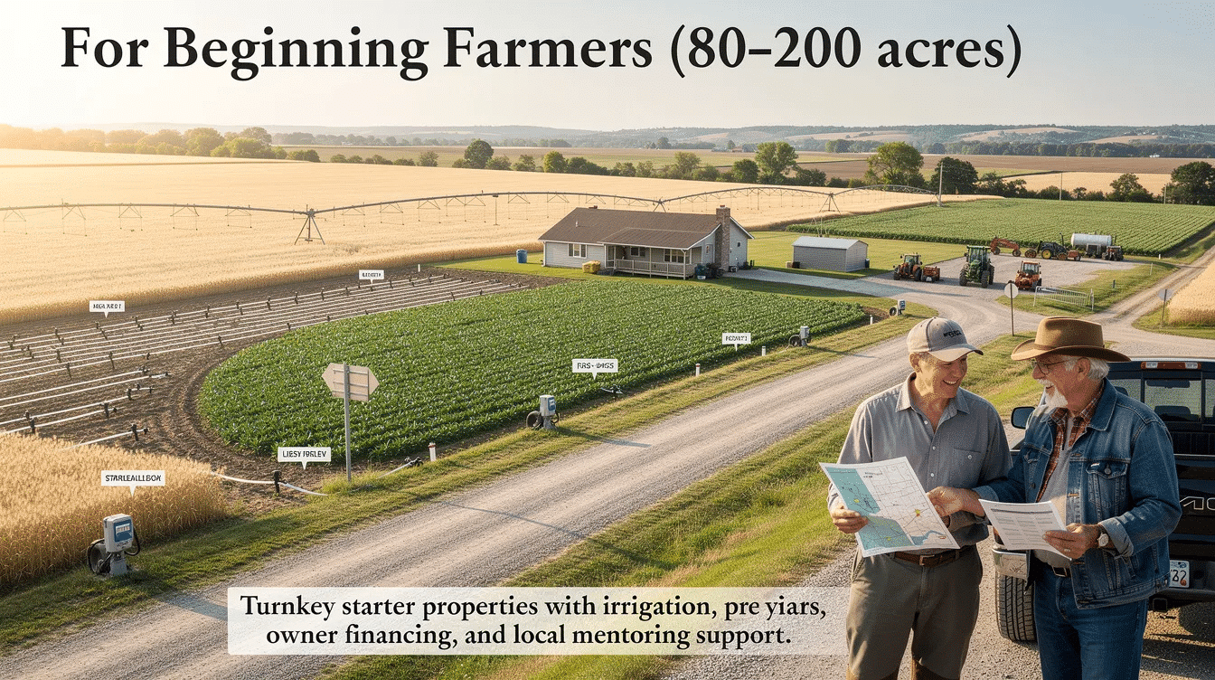 40f33e15-b9b9-41f5-8329-9af4bca86475 - Ranch Style Homes USA This image depicts a scenic view of irrigated farmland for sale, showcasing productive crops and established irrigation infrastructure. The landscape includes vast fields suitable for various crops, highlighting a rare opportunity for beginning farmers to enter agricultural ownership in regions like Nebraska, Oklahoma, and the Pacific Northwest.