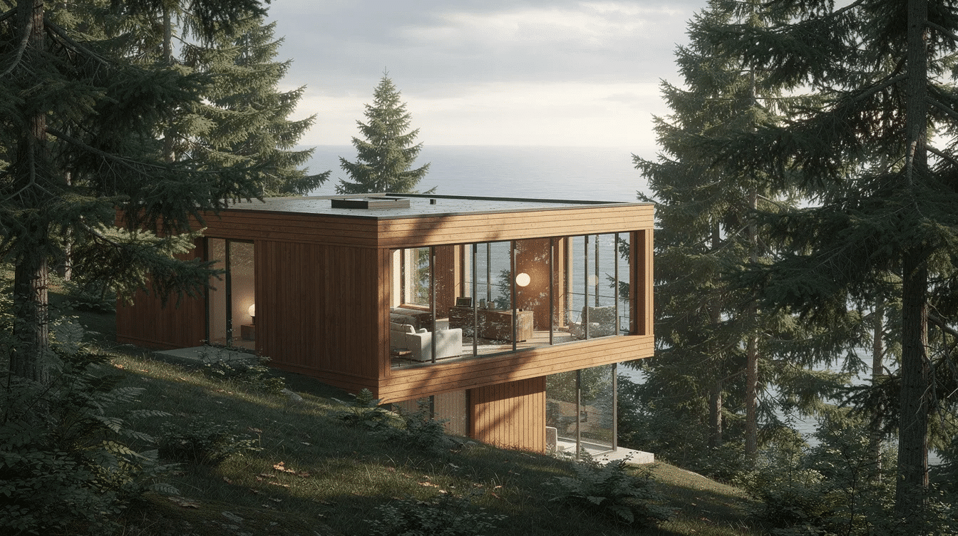 44d34582-c326-4c2b-ac76-a631910e5bc3 - Ranch Style Homes USA A modern cedar-clad home featuring large floor-to-ceiling windows is surrounded by tall evergreen trees, with a stunning view of the ocean in the background. This west coast contemporary design beautifully integrates natural elements and outdoor spaces, creating an inviting atmosphere that connects the architecture to its serene landscape.
