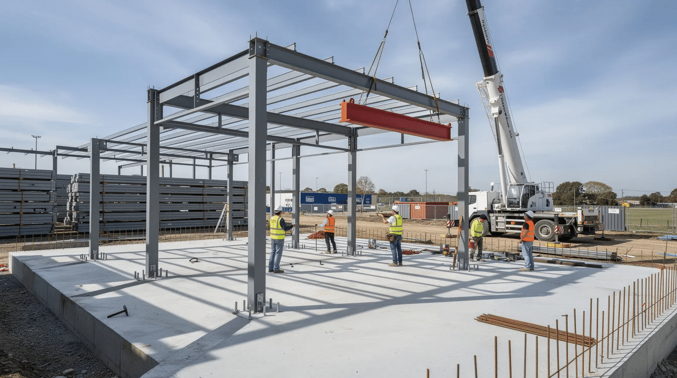 46007c8b-fd18-425d-b455-29d7f48e7848 - Ranch Style Homes USA The image depicts a construction site where a steel frame is being erected on a concrete slab foundation, showcasing the early stages of a modern metal building. This construction process highlights the durable framework that will support the ranch style home, emphasizing its low maintenance and attractive design features.