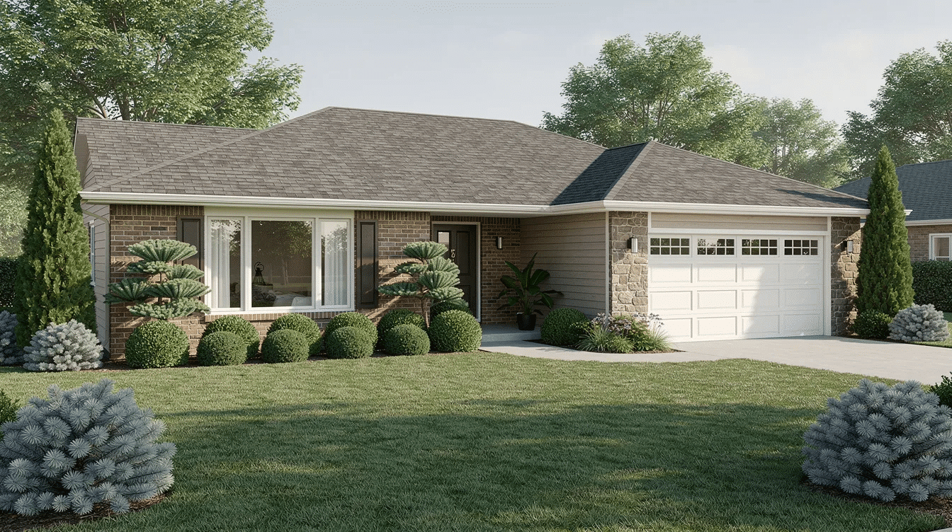 46199c69-8fa9-4d31-8c8a-4e85da42ea2f - Ranch Style Homes USA The image depicts a variety of evergreen shrubs thoughtfully arranged around the foundation of a ranch style house, showcasing their vibrant green foliage and architectural lines. These foundation plantings, including compact varieties like 'Tater Tot' Thuja and 'Emerald Petite' Boxwood, enhance the home's curb appeal while providing year-round structure and texture to the surrounding landscape.