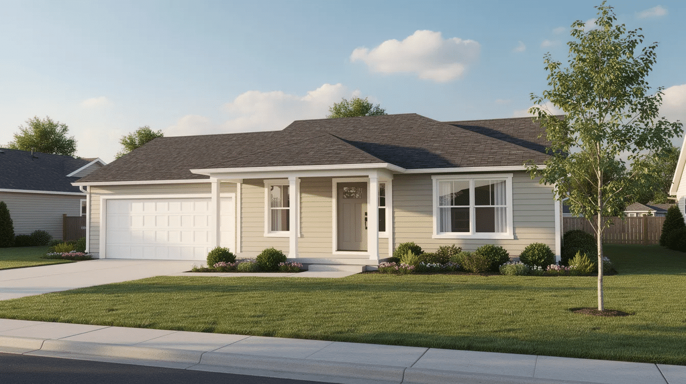 46e9b405-2871-4e95-97c3-57a0d883ff5d - Ranch Style Homes USA The image depicts a classic single-story ranch home featuring an attached garage and a spacious front lawn, typical of suburban ranch style architecture. The house showcases large windows and a welcoming front door, embodying the traditional charm of ranch style homes popular in many parts of the country.