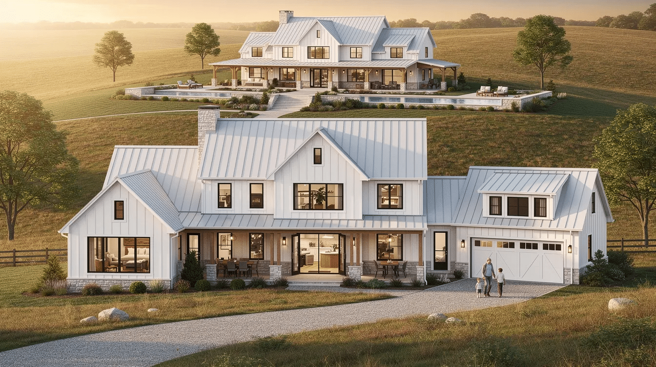 47caa4a7-628e-4585-bdd1-4ad8ea1c377c - Ranch Style Homes USA The image showcases a large family farmhouse, featuring a spacious design with a gabled roof and wraparound porch, ideal for growing families. Inside, it boasts 4-5 bedrooms, a modern farmhouse style with open floor plans, and dedicated spaces like a formal dining room and home office, all designed to offer both comfort and functionality.