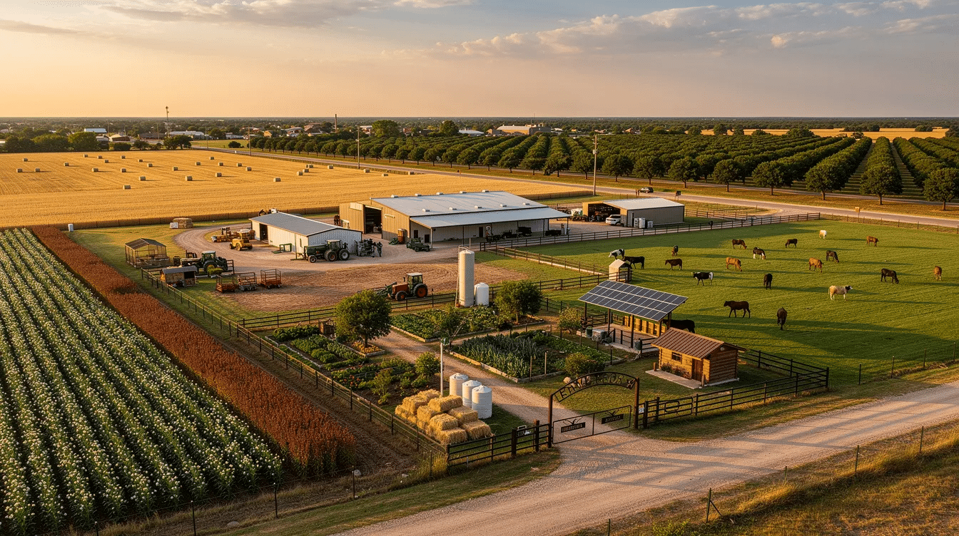 4811c18e-34c8-42a4-a039-2ace11ae9659 - Ranch Style Homes USA The image depicts a vast Texas homestead spanning over 50 acres, showcasing a diverse landscape that includes row crop fields, improved grass pastures, and a pecan orchard. The property features well-equipped barns and agricultural facilities, ideal for farming or ranching operations, emphasizing its potential as a long-term investment for prospective buyers.