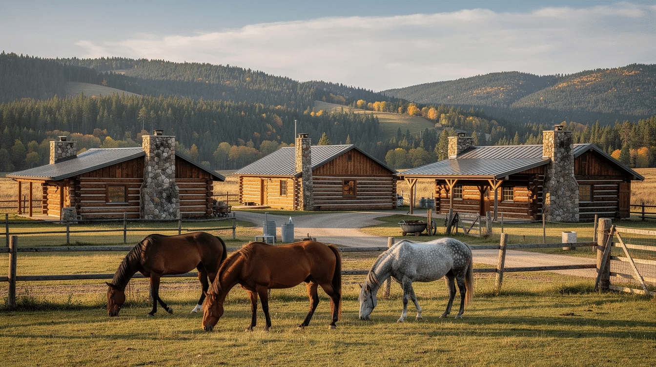 4964c6ba-4736-4ef0-bb4f-f69b0675e895 - Ranch Style Homes USA The image depicts rustic log cabin buildings on a ranch property, with horses peacefully grazing in the foreground and lush, forested hills rising in the background, embodying the serene life of cattle ranching in the American South. This picturesque scene reflects the essence of ranch ownership and agriculture, showcasing the harmonious relationship between livestock and the natural landscape.