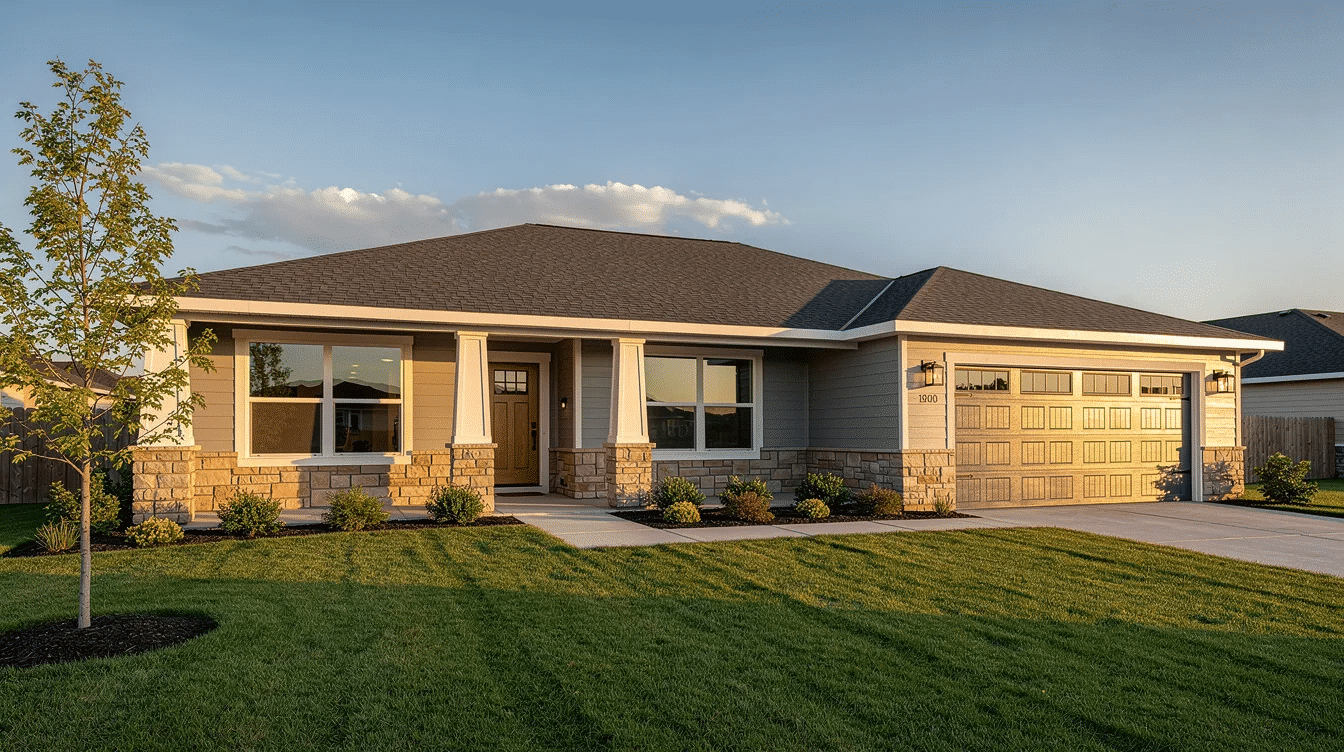 4ab45b3b-f7ea-4bc3-92b3-128ecf13d53b - Ranch Style Homes USA The image showcases a row of newly constructed ranch homes in a tranquil Maryland neighborhood, highlighting their modern design and inviting exteriors. This scene represents the dream home concept for those interested in purchasing properties in vibrant communities.