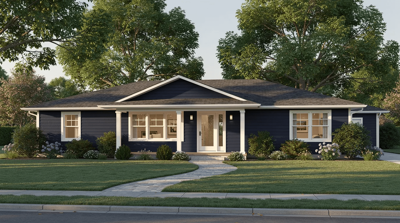 4e1e4c9f-12f9-4575-8930-bf71387311a4 - Ranch Style Homes USA The image depicts a ranch style house featuring deep blue vinyl siding complemented by white trim, surrounded by mature landscaping that enhances its curb appeal. The home's exterior showcases a classic look with natural materials and architectural details, creating a harmonious blend with the surrounding landscape.