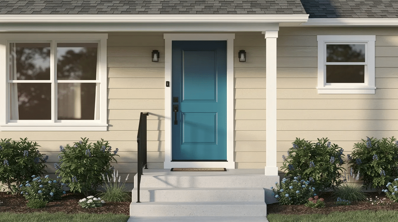 4f762aba-4d11-45f2-9e8e-963c96b71cf7 - Ranch Style Homes USA The image features a close-up of a ranch home entry showcasing a vibrant front door paired with coordinating trim, set against light gray siding. This exterior color scheme enhances the home's curb appeal, highlighting its architectural style with bold accents and natural light.