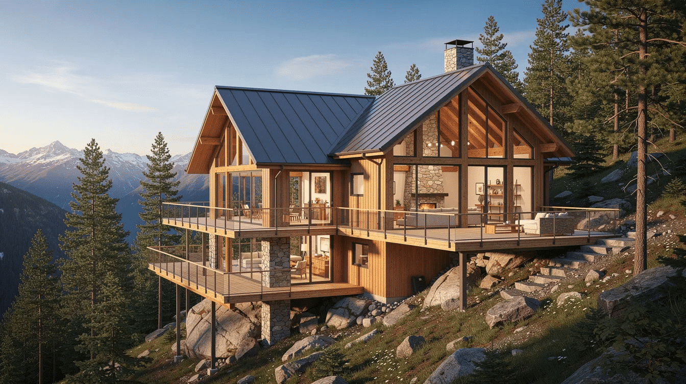 51811774-3b10-4d2f-843c-e2d1b019b28a - Ranch Style Homes USA The image showcases a collection of modern mountain house plans featuring contemporary mountain architecture, characterized by open floor plans, large windows, and exposed wood beams. Surrounded by rugged landscapes, these designs emphasize outdoor living spaces and natural materials, perfect for maximizing views in mountainous settings.