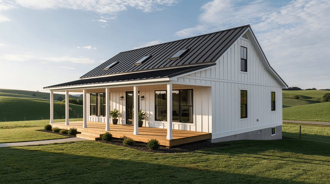 52284c82-4a41-4d63-90c6-47e0def7fae7 - Ranch Style Homes USA A modern white farmhouse with a wraparound porch and large black-framed windows is beautifully situated against rolling green hills, embodying the dream home aesthetic. The design emphasizes natural light and style, making it an inviting space for family gatherings.