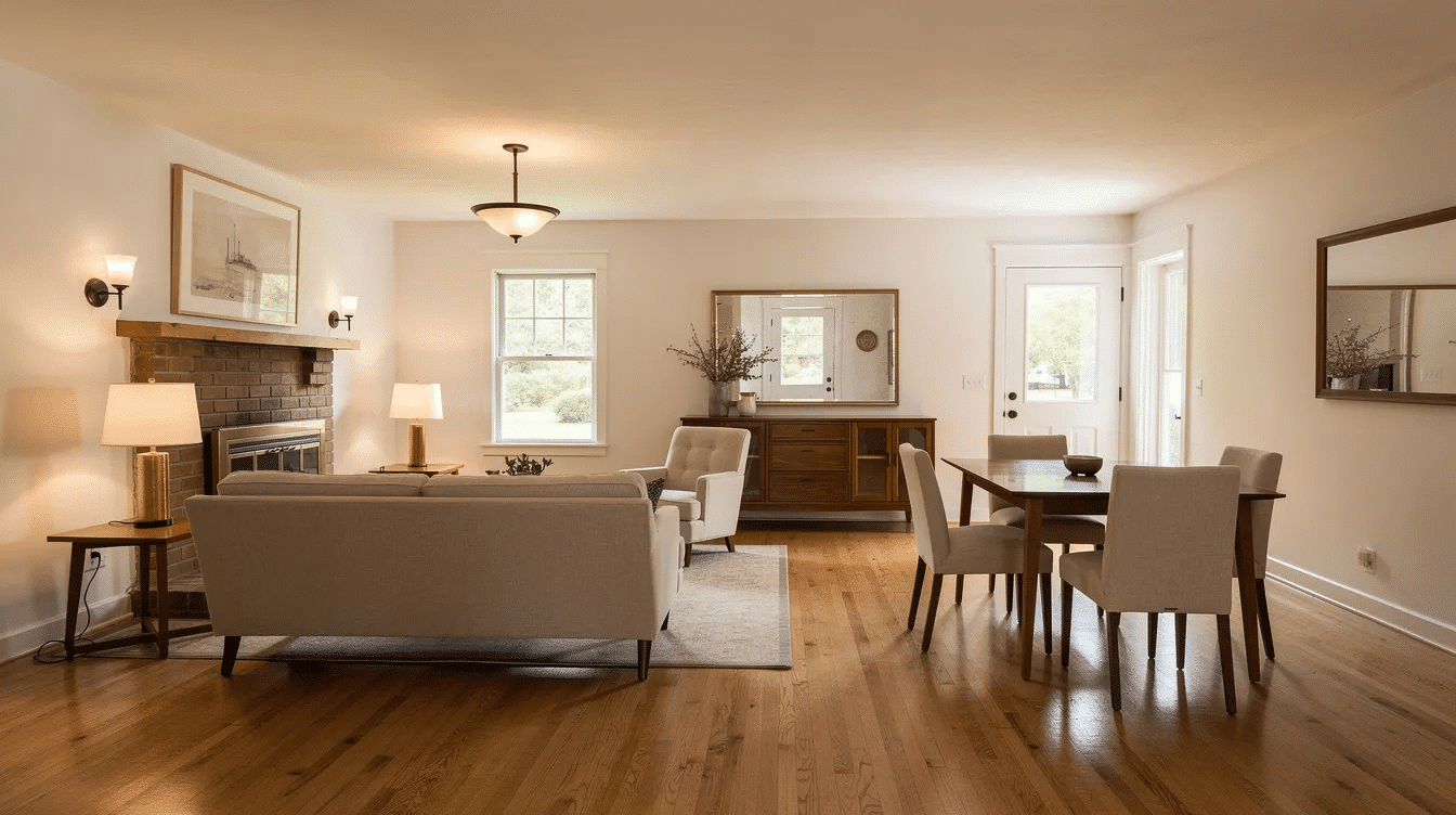 52451150-f531-4a65-9929-c8bb8c575084 - Ranch Style Homes USA The image depicts a spacious living room in a 1940s ranch house, featuring a cozy seating arrangement around a fireplace with clear walkways leading from the front door to the back door. The room is illuminated by natural light, enhanced by pale oak floors and light walls, while layered lighting fixtures and mirrors reflect the brightness throughout the space.