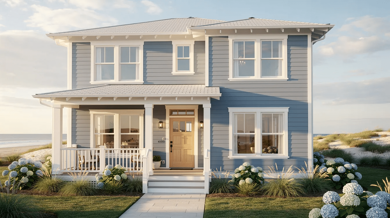 52b80f0f-3195-4240-af4f-91023e2ea931 - Ranch Style Homes USA The image features a charming coastal-style ranch house exterior, showcasing blue-gray siding complemented by crisp white trim. The inviting front porch and large windows enhance the home's curb appeal, while the surrounding landscape adds a touch of greenery to the overall look.