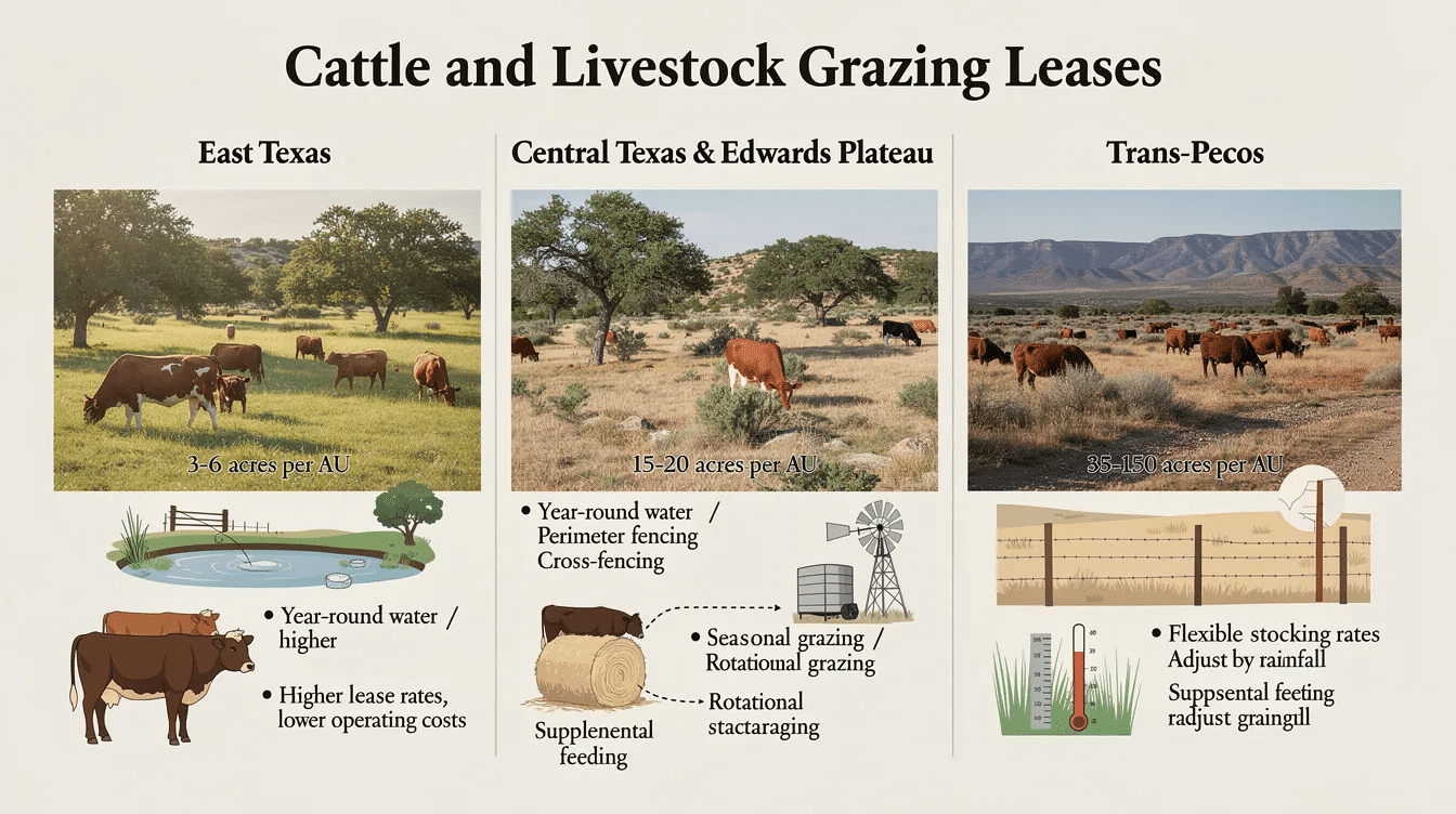 5374b474-581c-4a88-af88-5b1e8da03db1 - Ranch Style Homes USA The image depicts a vast expanse of ranch land in Texas, showcasing cattle grazing on lush pastures, with a backdrop of rolling hills. This property, suitable for livestock grazing leases, highlights the importance of water access and fencing quality for effective pasture management.