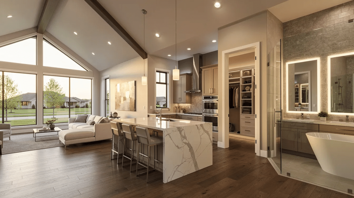 55afb978-497f-4164-856e-b472ba09f581 - Ranch Style Homes USA The image depicts a spacious single-story ranch style home featuring an open floor plan, with luxury finishes throughout. The master suite includes a walk-in closet and a spa-like full bath, while the expansive layout showcases vaulted ceilings and a premium kitchen island, embodying the essence of affordable ranch house plans in desirable communities.